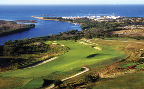 A view of the marina from the fairway at the Dye Fore Golf Course at Casa de Campo