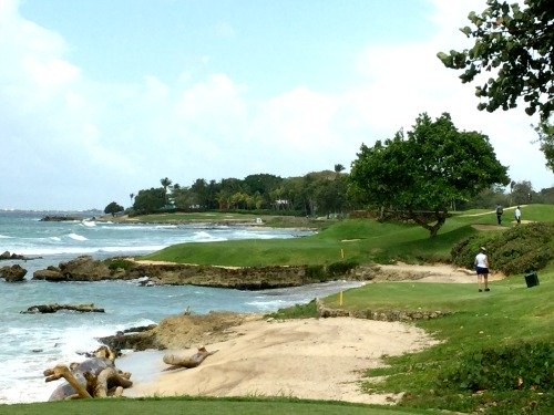 On the tee box hole number 7 par 3 on the Teeth of the Dog golf course in the Dominican Republic